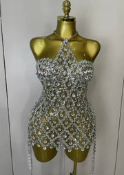 Kyra sparkly sequin diamond mesh two-piece dress set with transparent top for women’s evening, birthday, or party wear.