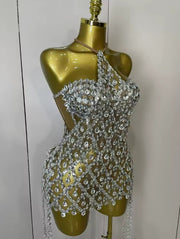 Kyra sparkly sequin diamond mesh two-piece dress set with transparent top for women’s evening, birthday, or party wear.