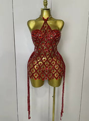 Kyra sparkly sequin diamond mesh two-piece dress set with transparent top for women’s evening, birthday, or party wear.