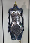 Tamara long sleeve sparkly rhinestone mesh bodycon mini dress with mirror details for evening parties, birthdays, or club events.