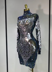 Tamara long sleeve sparkly rhinestone mesh bodycon mini dress with mirror details for evening parties, birthdays, or club events.