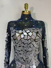 Tamara long sleeve sparkly rhinestone mesh bodycon mini dress with mirror details for evening parties, birthdays, or club events.