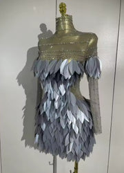 Luxury transparent mesh mini dress with sparkly diamond embellishments and 3D acrylic leaf design for women.