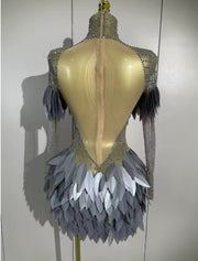 Luxury transparent mesh mini dress with sparkly diamond embellishments and 3D acrylic leaf design for women.