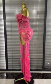 Envious Designs Sabrina sexy strapless shining rhinestone mesh ruffle maxi long dress for evening party styling
