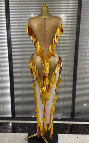 Jessica 3D Leaf Rhinestone Mesh Maxi Dress | Sheer Sparkly Bodycon Evening Dress