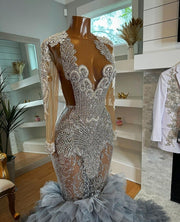 Luxury Silver Prom Dresses 2023 Sheer Neck Sparkly Rhinestone Evening Dress Long Sleeves Party Gowns
