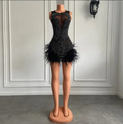 Luxury Crystal Halter Feather Mini Dress