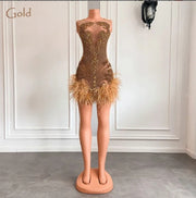 Luxury Crystal Halter Feather Mini Dress