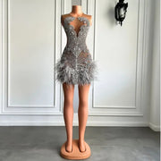 Luxury Crystal Halter Feather Mini Dress