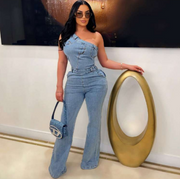 Denim One-shoulder Flared Jumpsuits