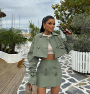 Cargo Lapel Cropped Buckle Coat Skirt Sets