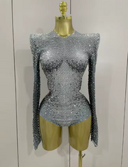 Sparkle Silver Rhinestone Stretch Bodysuit with Long Sleeves