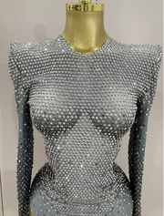 Sparkle Silver Rhinestone Stretch Bodysuit with Long Sleeves