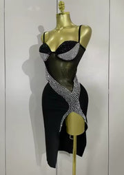 Kamila sparkly rhinestone mesh evening party dress for women, perfect for DJs, singers, and nightclub events.