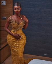 Luxury Beaded Sleeveless  Long Prom Dress  w/ Sweep Train