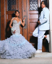 Sparkly Beaded Diamond Crystal Ruffles Prom Gown 2025
