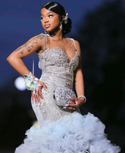 Sparkly Beaded Diamond Crystal Ruffles Prom Gown 2025