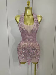 2025 New Sexy Sparkly Rhinestones Halter Backless Mesh Velour Short Dress
