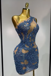Kelly Sexy One Shoulder Sparkly Rhinestone Mesh See-Through Mini Dress