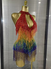 Sarah Rainbow Sequins Tassels Women Sexy Off the Shoulder Keyholes Bodycon Mini