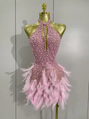 Kelis Luxury Rhinestones Pearls Halter Backless Birthday Dress