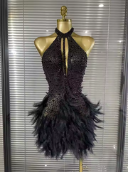 Kelis Luxury Rhinestones Pearls Halter Backless Birthday Dress