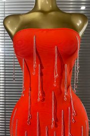 Kyleigh Orange Strapless Beading Fringes Bodycon Bandage Long Dress
