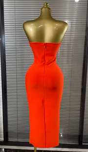 Kyleigh Orange Strapless Beading Fringes Bodycon Bandage Long Dress