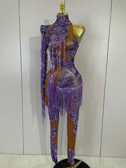 Dayla Sparkle Diamond Purple Tassel One-Shoulder Mesh Jumpsuit