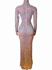 Carmela Sexy Full Rhinestone Mesh Sheer Long Sleeve Bodycon Dress