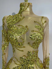 2026 New Sparkly Golden Diamonds Sequins Long Sleeves See-Through Mini Dress Women Birthday Eveing Party Gown Sexy Stage Costume