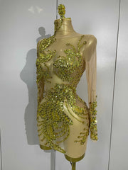 2026 New Sparkly Golden Diamonds Sequins Long Sleeves See-Through Mini Dress Women Birthday Eveing Party Gown Sexy Stage Costume