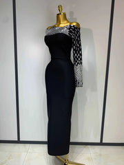 Coleen Sexy Off-shoulder Diamonds Black Maxi Long Bandage Dress