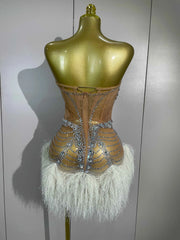 Women Sparkly Diamonds Tassel Sexy Strapless Mesh Sheer Mini Dress Eveing Luxury Birthday Party Singer Nightclub Stage Costume