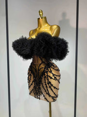 Women Sexy Strapless Backless Black Diamond Mini Dress Evening Party Birthday Costume Nightclub Singer Stage Performance Costume