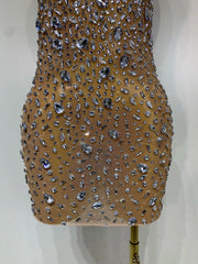 Cassandra sleeveless rhinestone bodycon mini dress for women. Sexy sparkly outfit for birthdays, nightlife, and stage wear.