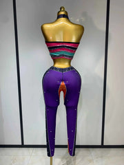 Pamela Sparkly Rhinestones Colorful Top and Pants Two-Piece Set