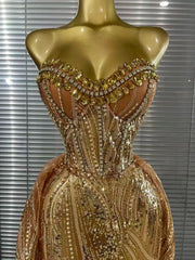 Hailey sexy strapless mesh crystal see through maxi dress