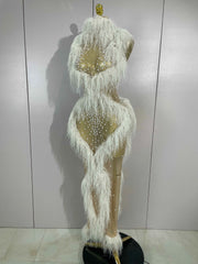 2026 New Sparkly Pearl Tassel Mesh See Through Long Dress Women Sexy Luxury Birthday Prom Party Nightclub Singer Stage Costume