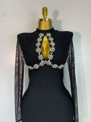 Caroline black long sleeve beaded maxi bandage dress for evening parties, birthdays, or formal events.
