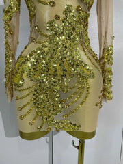 2026 New Sparkly Golden Diamonds Sequins Long Sleeves See-Through Mini Dress Women Birthday Eveing Party Gown Sexy Stage Costume