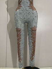 Luxury sleeveless rhinestone bodycon jumpsuit with sparkling crystals for stage or night-out wear.