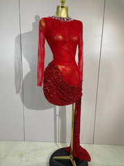 Donna sparkly rhinestone red sequin lace mesh see-through mini dress for women.