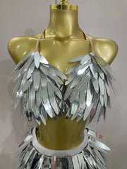 Abigail shiny mirror two piece stage costume set for women. Sexy party outfit for birthdays, nightclub, evening events, and performances.