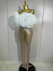 Luxury Sparkly Diamond Strapless Transparent Mesh Long Dress 2026 Women Birthday Eveing Party Gown Bar Singer Sexy Stage Costume