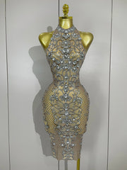 sparkly crystal diamond see-through stretch mesh dress, perfect for nightclub, stage performance, evening, and birthday parties.