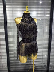 Kanisha long sleeve off-shoulder tassel bodycon dress for night-out and party styling