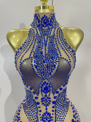 Sparkly blue rhinestone mesh mini dress – sexy see-through women’s bodycon outfit for nightclub, birthday, and stage events.