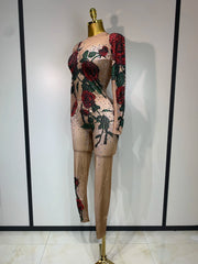 Khai wearing a rose print sparkly rhinestone jumpsuit for a luxury prom look.